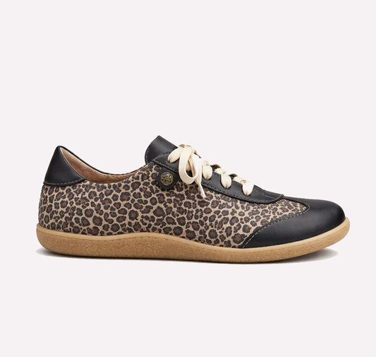 Leopard print sneaker with black and beige accents on a white background