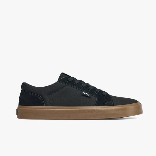 Black sustainable barefoot sneaker with brown sole, Splay branding, on white background