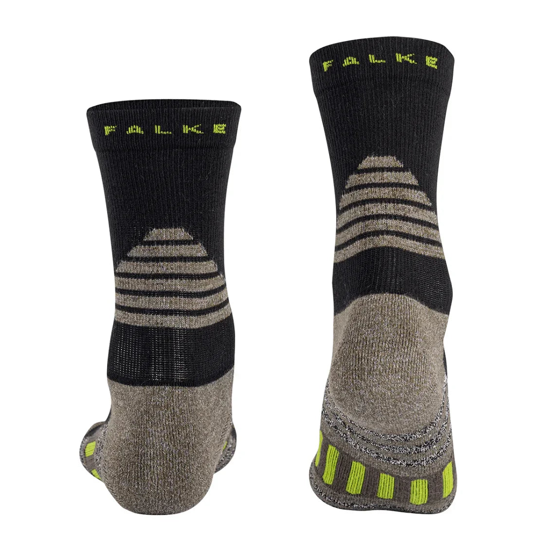 Pair of sustainable, black and grey barefoot socks with green accents, branded FALKE