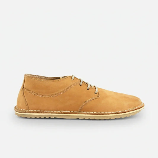 Natural tan barefoot shoe with minimalist lace-up design, eco-friendly and sustainable
