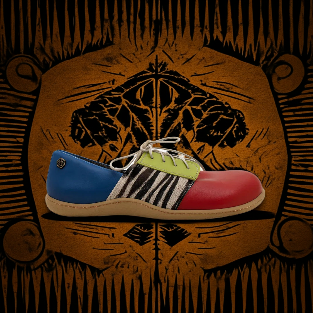 Colorful shoes on a textured brown background with a bear illustration