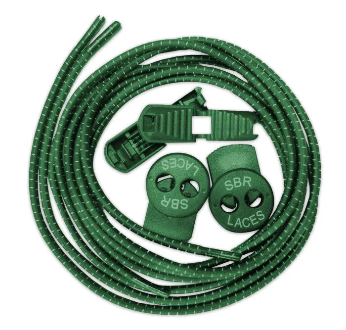 Green elastic no-tie shoelaces with two locking clips and round adjusters labeled SBR LACES