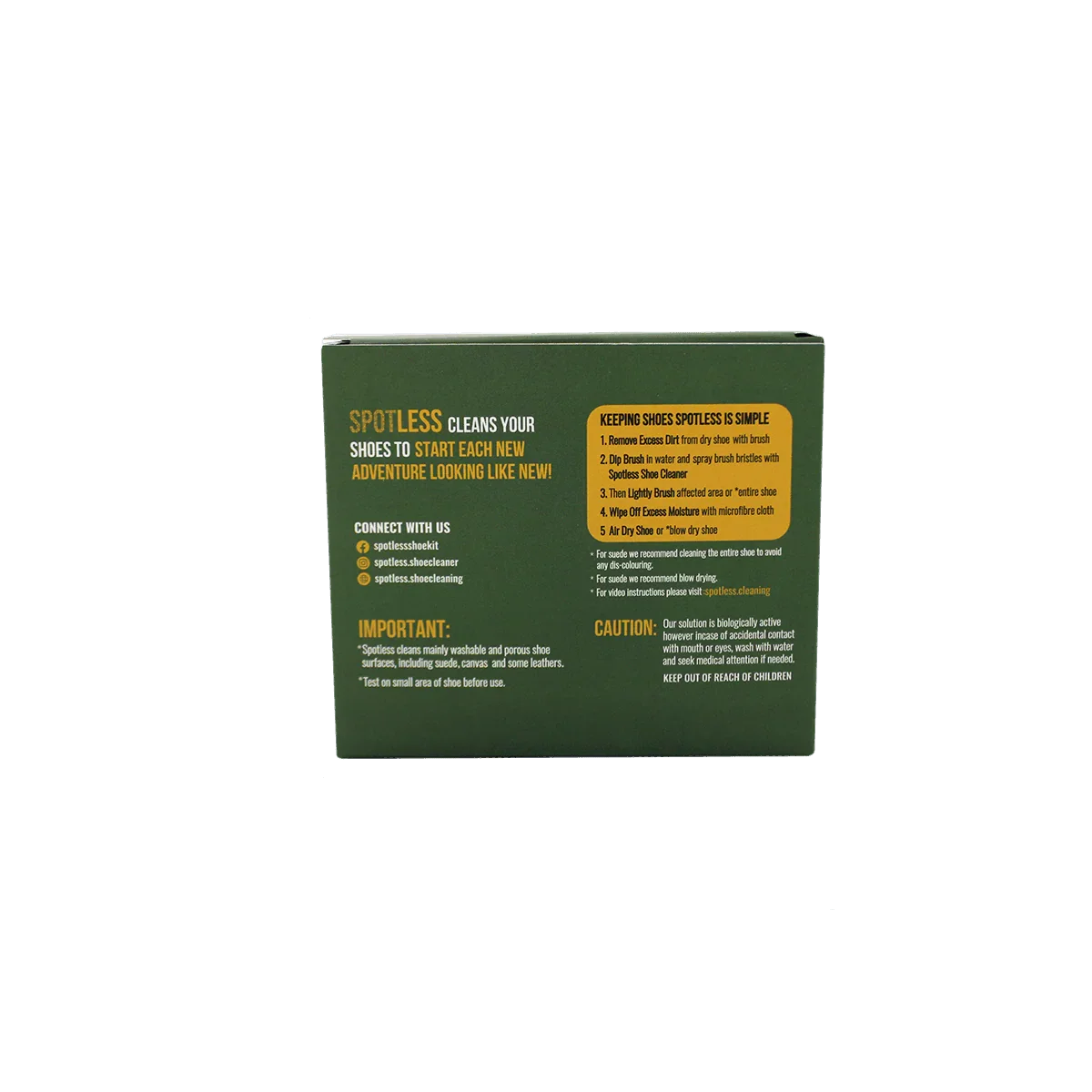 Back of Spotless Shoe Cleaner kit packaging with cleaning instructions and contact details on green background
