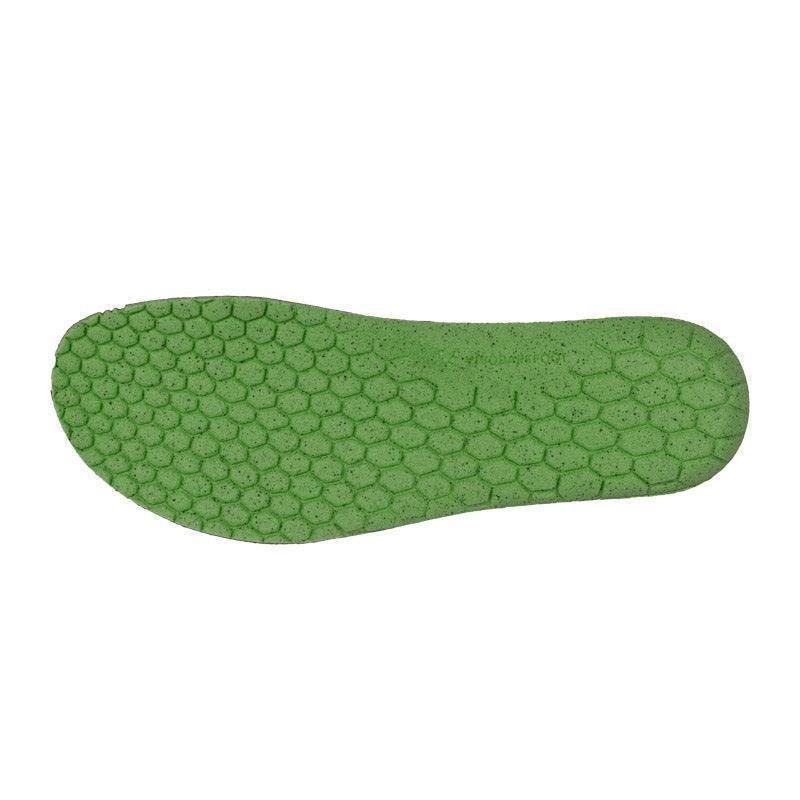 Green Vivobarefoot women's recycled cork insole with hexagon pattern on white background
