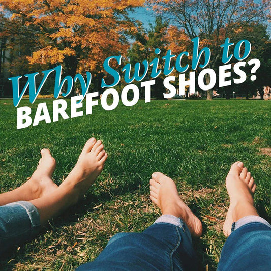 People with bare feet relaxing on green grass in park, text reads 'Why switch to barefoot shoes'.