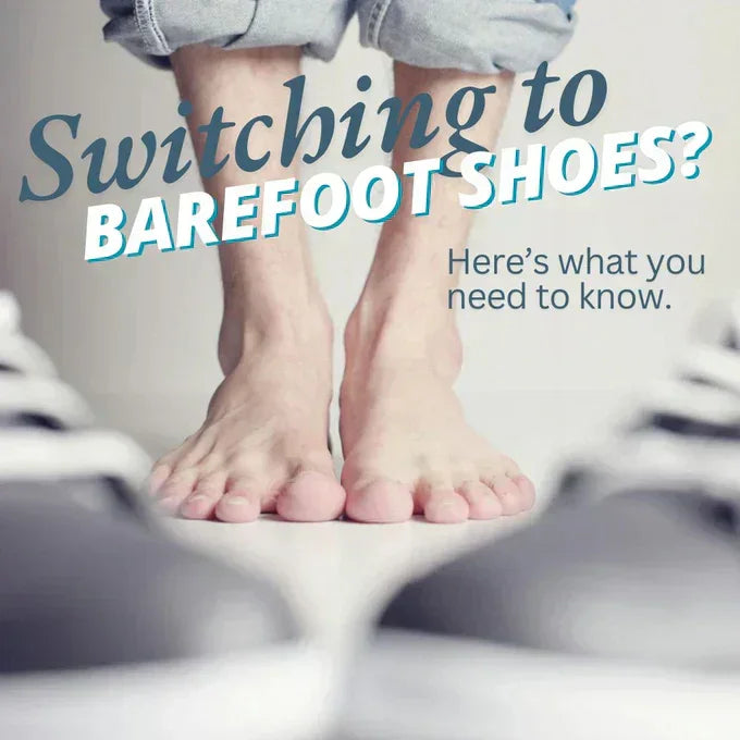 Bare feet in focus with blurred sneakers, promoting barefoot shoes for healthy, natural walking.