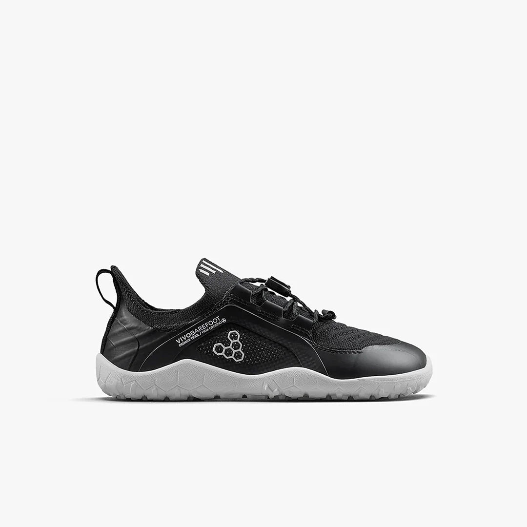 Black Vivobarefoot lightweight barefoot shoe with gray sole and quick lacing system