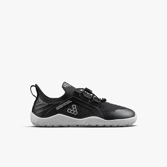 Black Vivobarefoot lightweight barefoot shoe with gray sole and quick lacing system