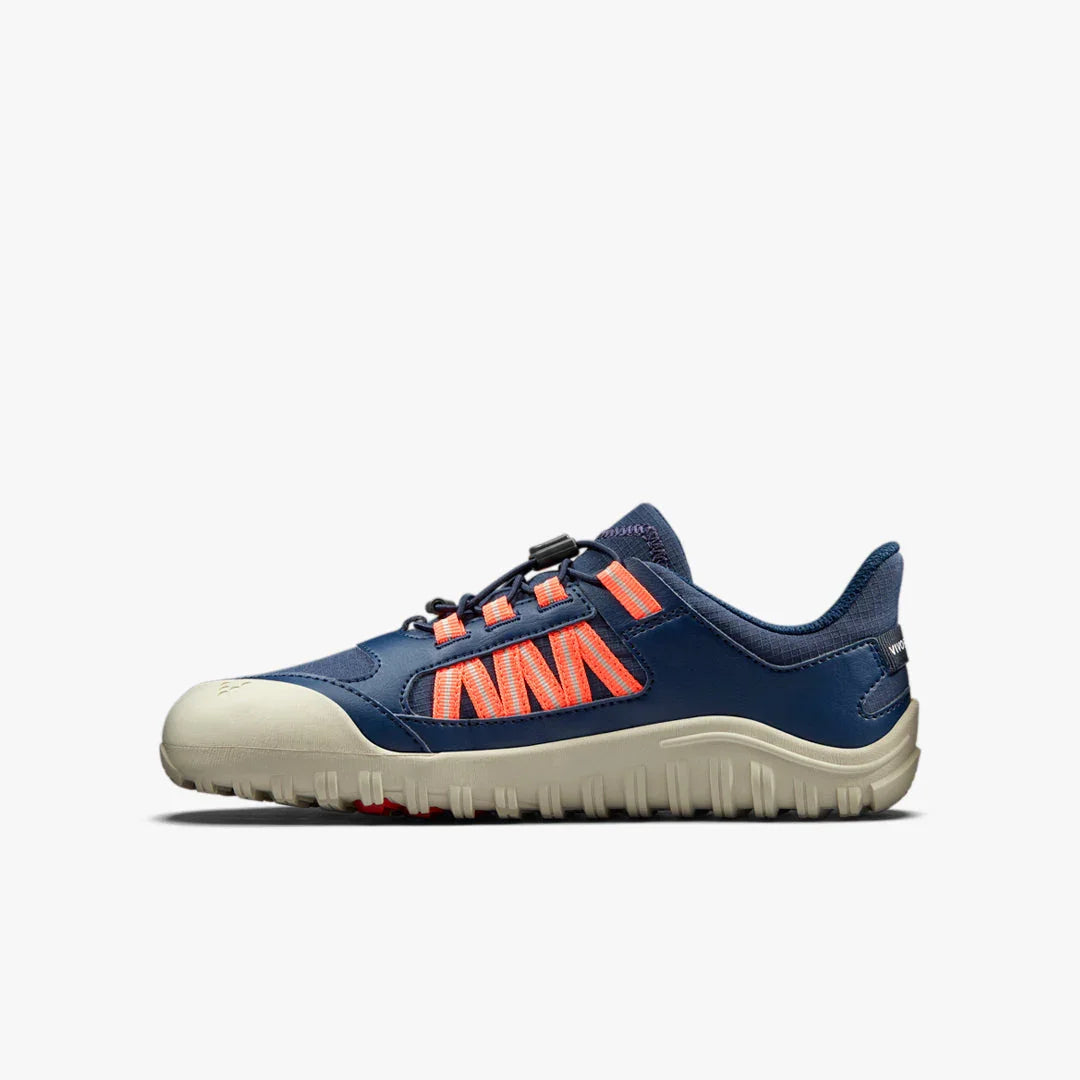 Navy blue casual sneaker with beige sole and orange webbing details on sides