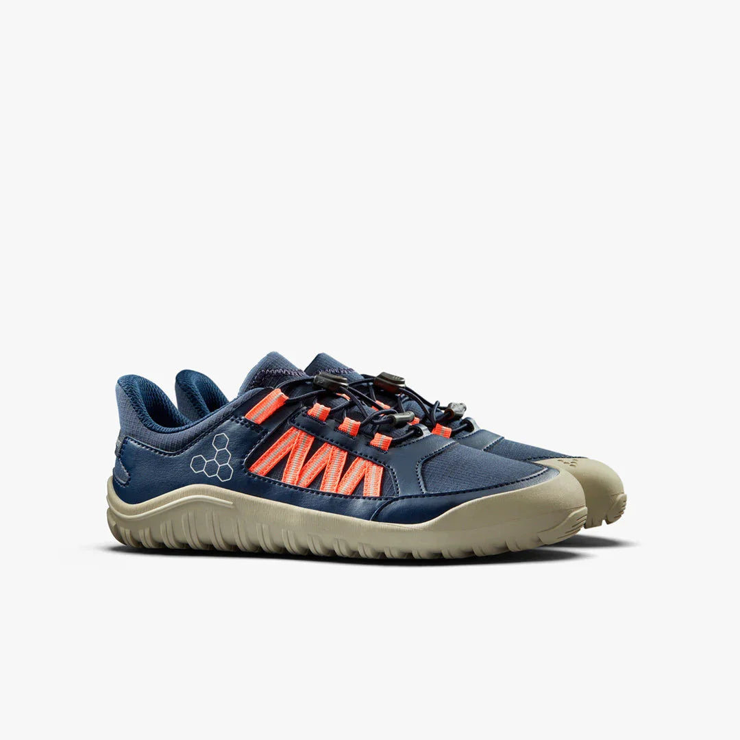 Lightweight navy blue outdoor shoes with orange accents and beige soles on white background