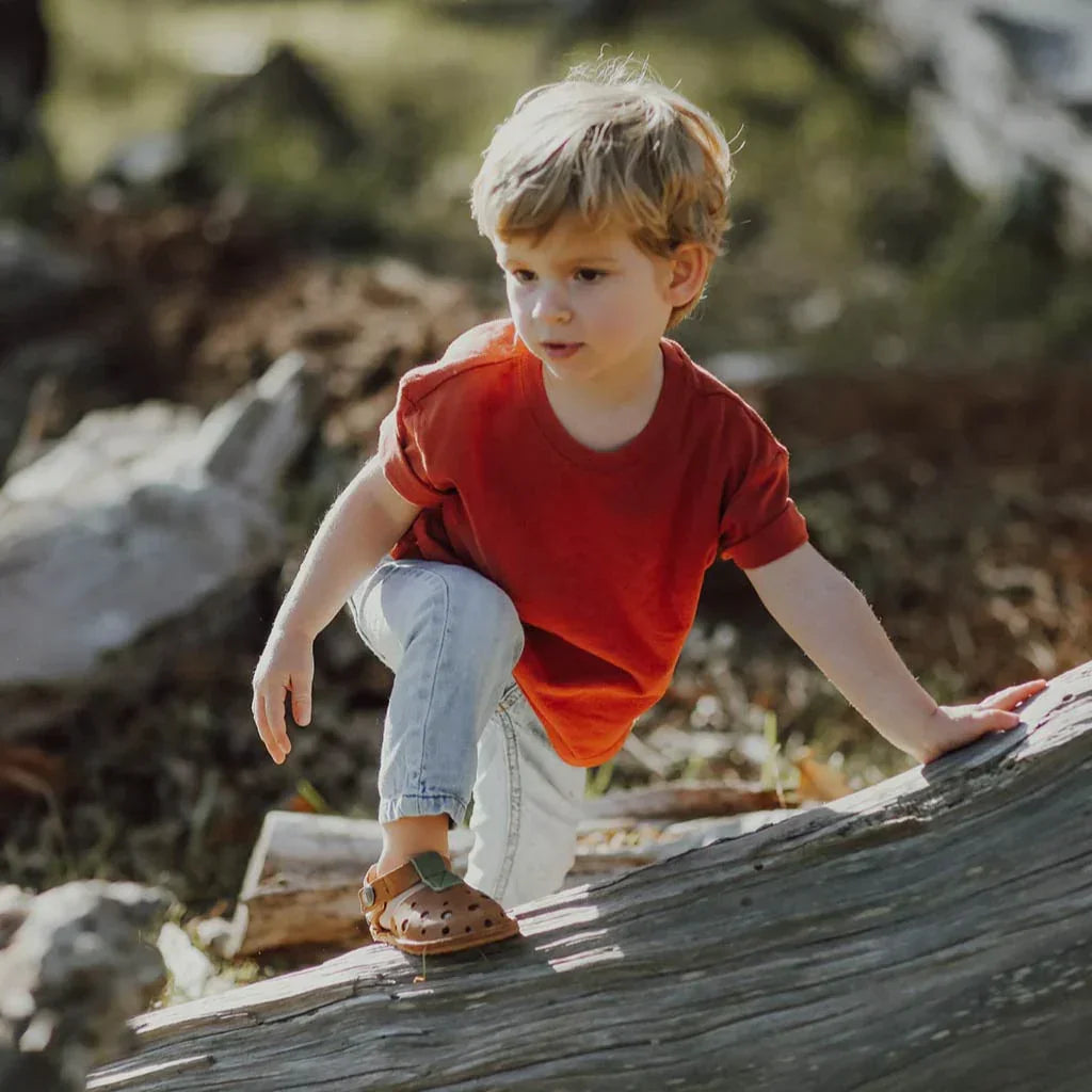 Young boy in red shirt and light jeans climbing on a fallen tree trunk outdoors