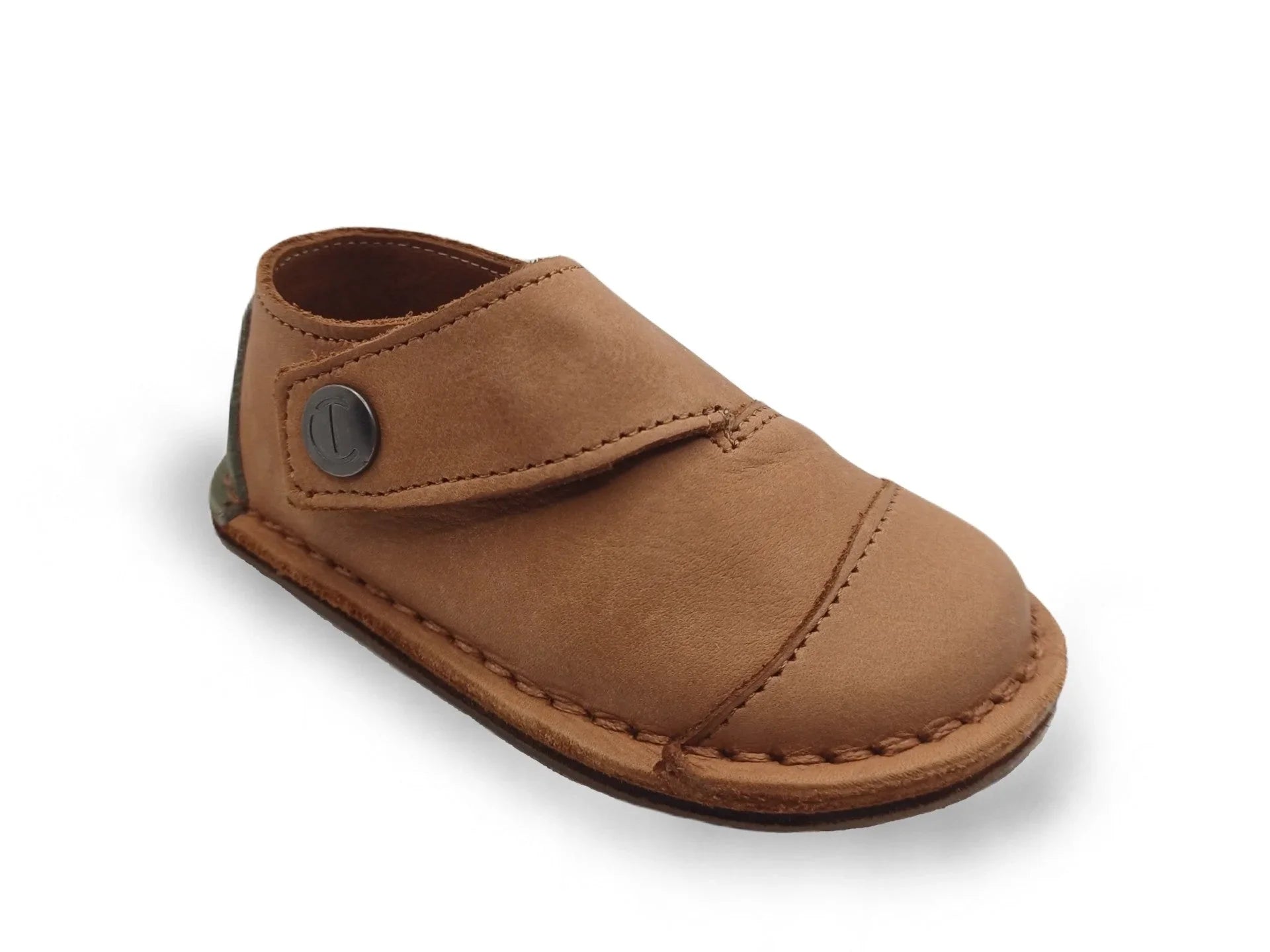 brown leather baby shoe with side button strap and stitched detailing