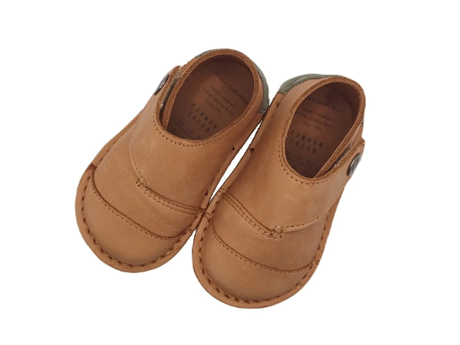 Tan leather baby shoes with button detail, soft sole, common tread brand