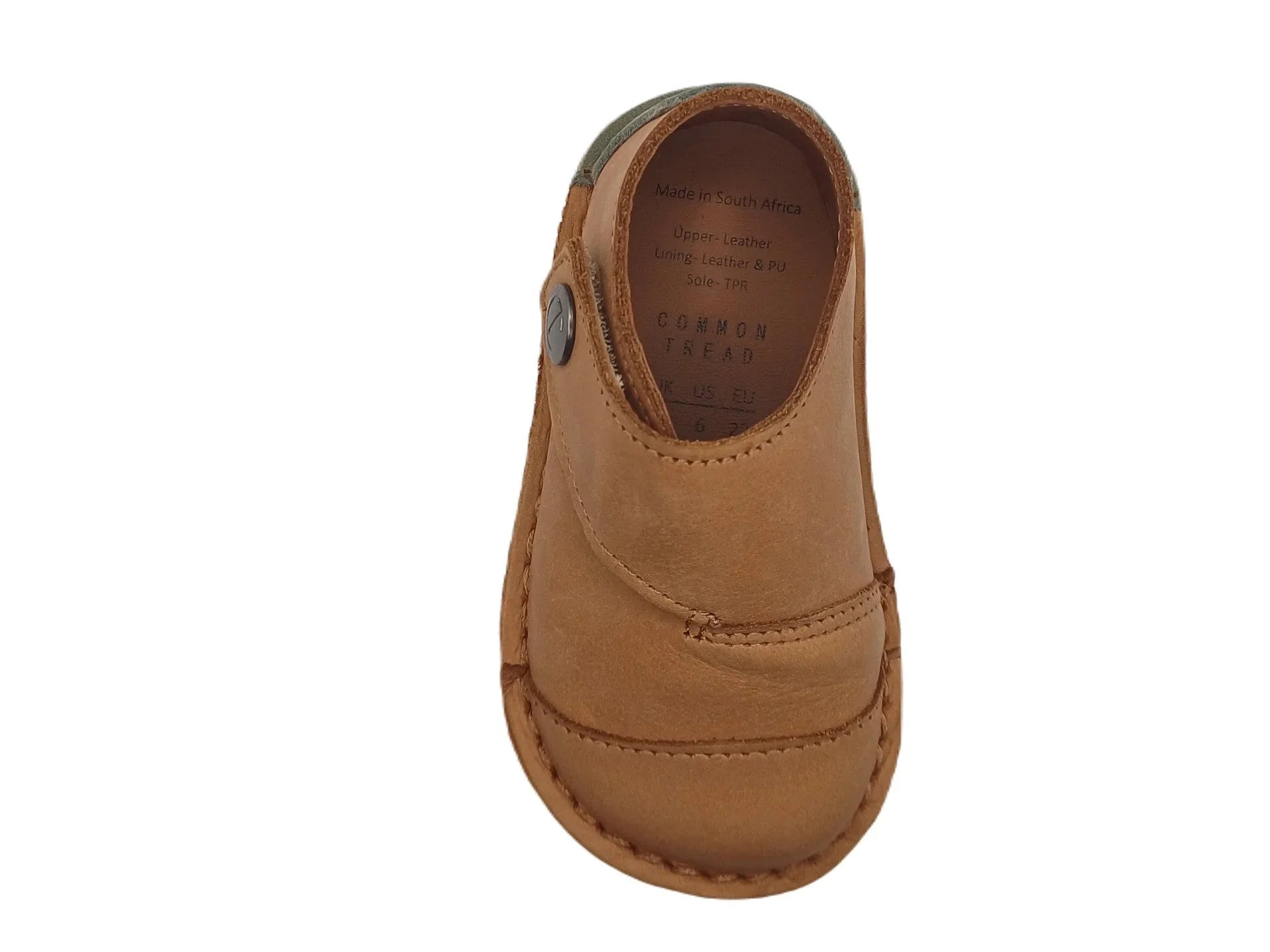 Brown leather baby shoe with stitched design and black button detail