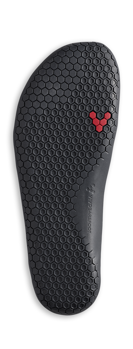 Black shoe sole with a red logo on a white background