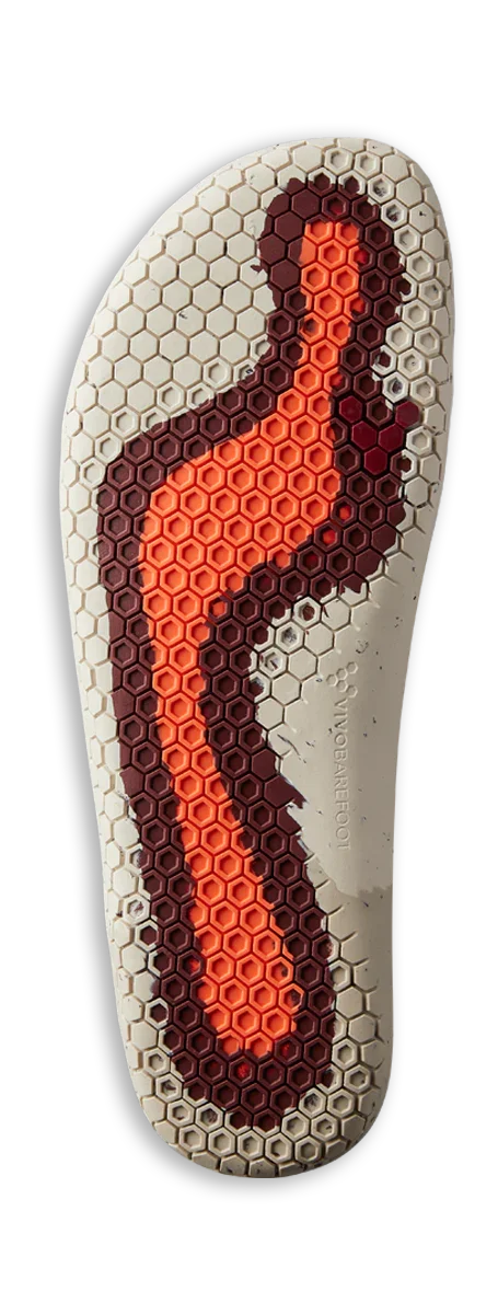 Vivo Barefoot shoe insole with hexagonal tread pattern in beige, brown, and orange on black background