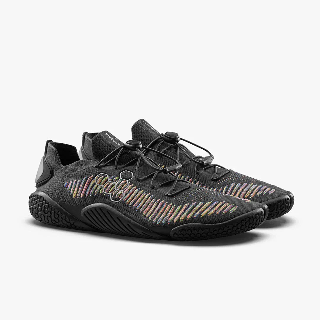 Black Vivo Barefoot minimalist athletic shoes with multicolor knit detailing and adjustable laces