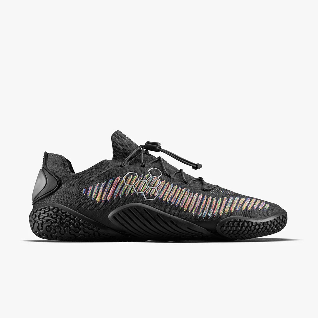Black athletic sneaker with multicolor stripe pattern and hexagon design on side, textured sole