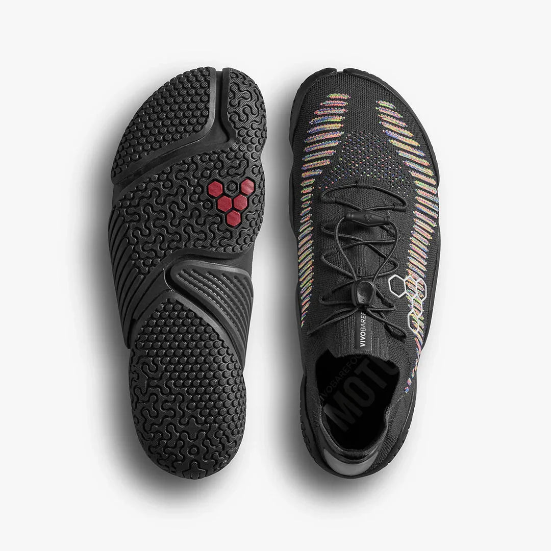 Pair of black minimalist running shoes with textured sole and multicolor knit upper with laces