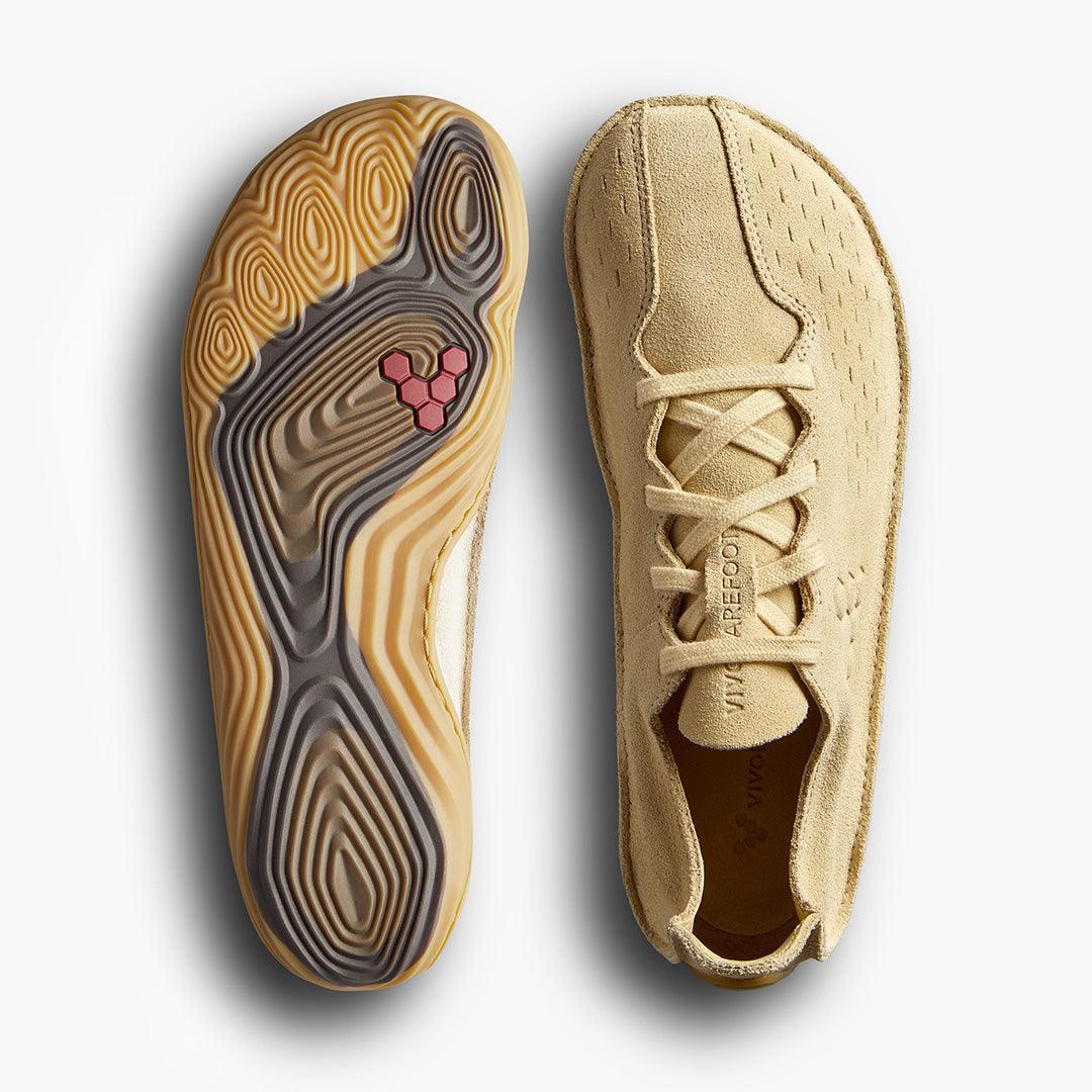 Beige suede barefoot shoes with flexible textured sole and minimalistic lace design