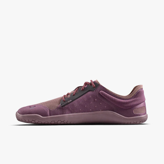 Side view of a minimalist purple barefoot running shoe with mesh and textured sole on white background