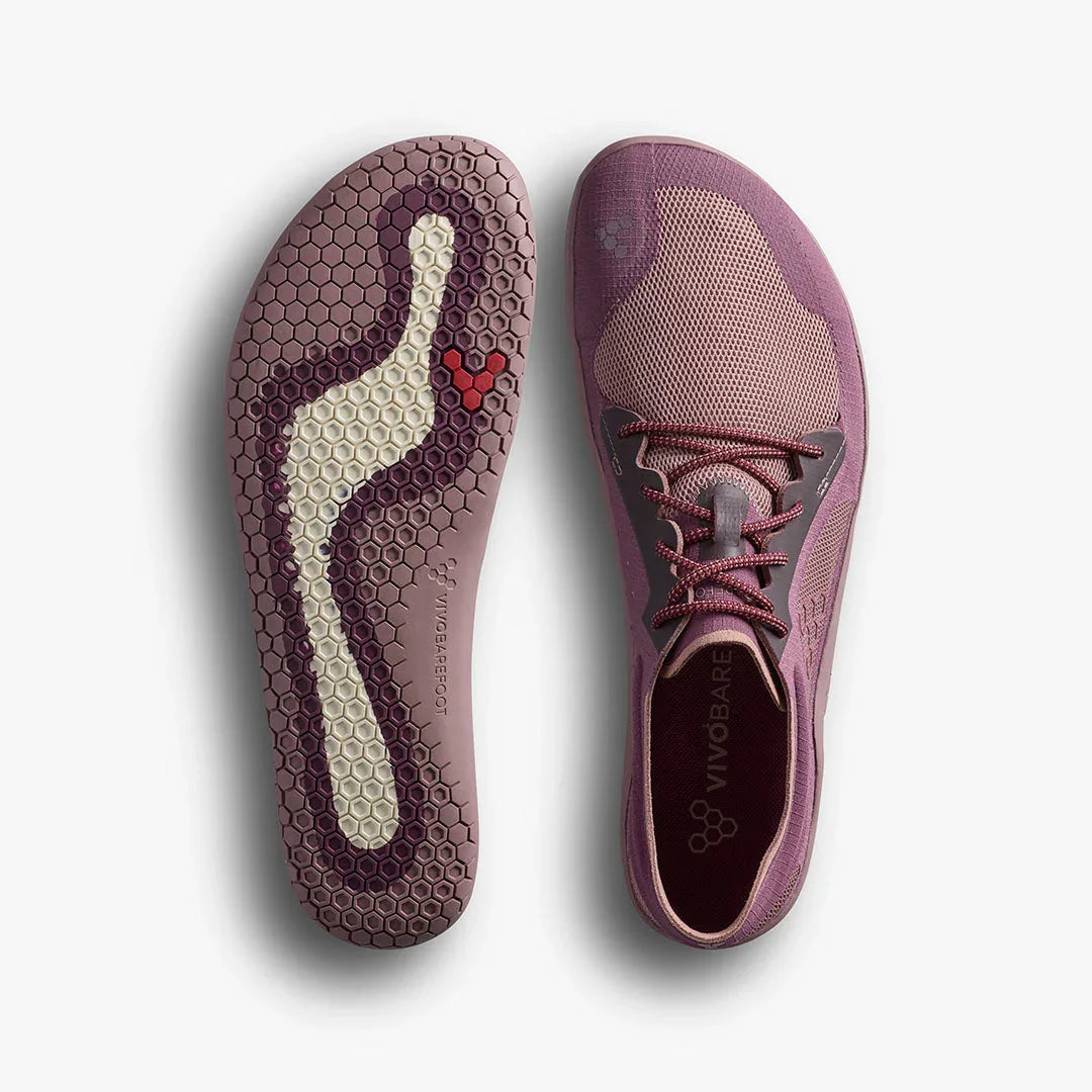 Purple Vivobarefoot minimalist shoe with honeycomb sole pattern and breathable mesh upper