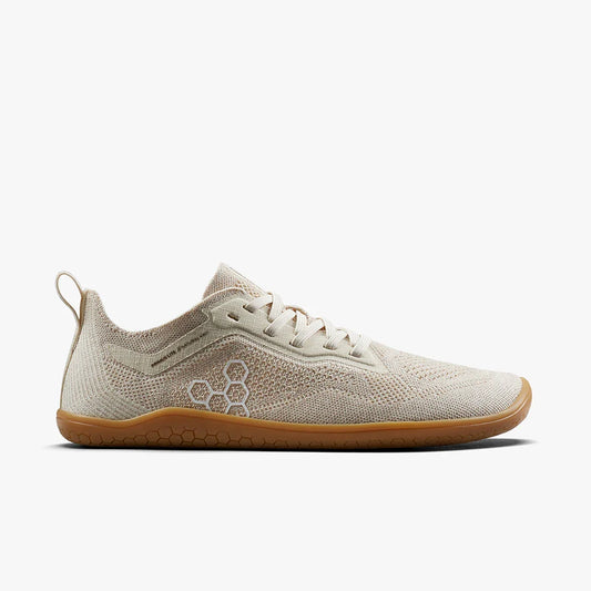 Light beige knit minimalist sneaker with gum sole and hexagonal logo detail