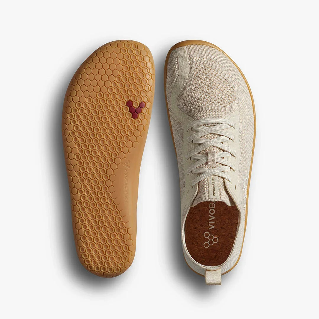 beige Vivobarefoot knit barefoot shoes with honeycomb sole pattern and gum rubber outsole