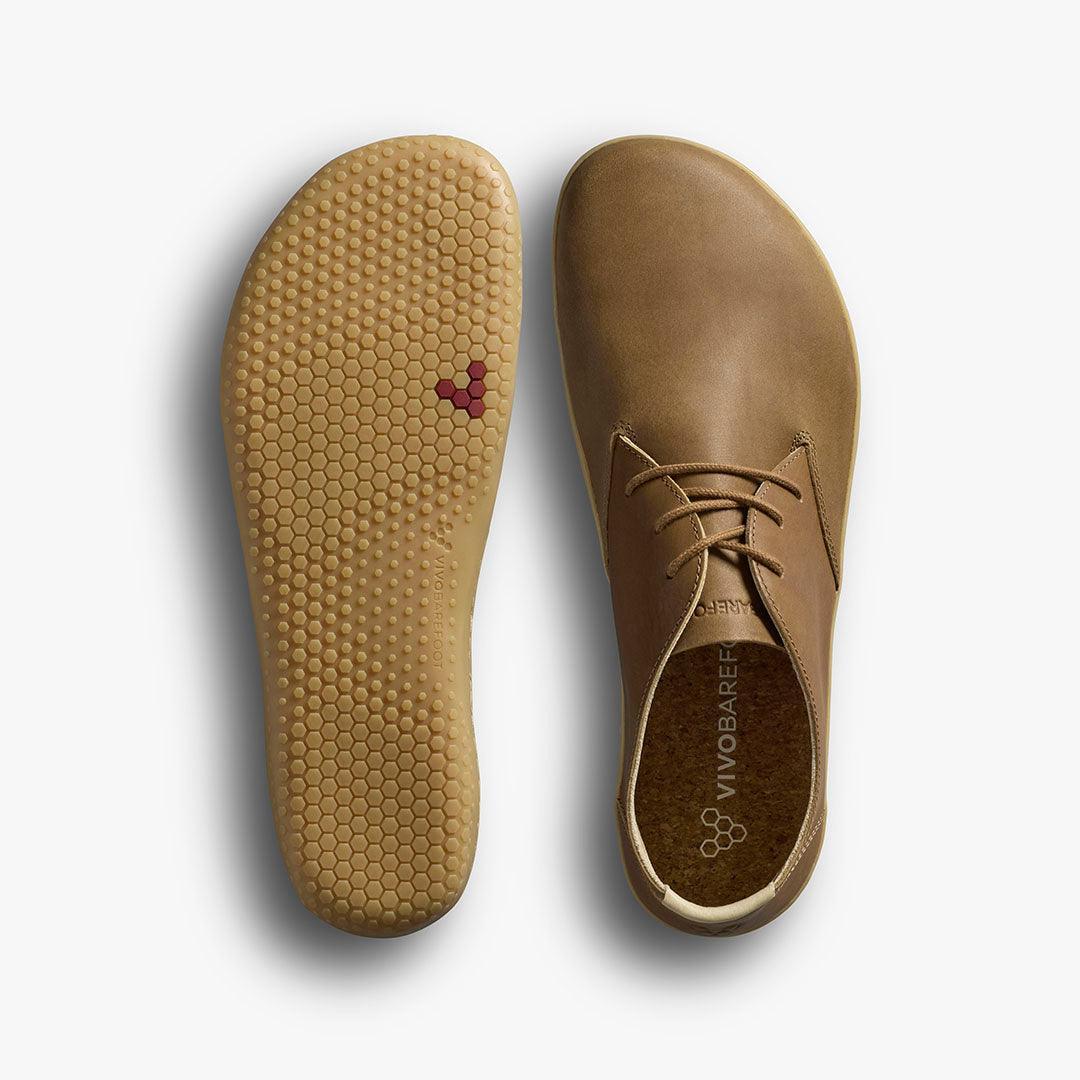 Brown Vivobarefoot leather barefoot shoe with honeycomb-patterned sole, top and bottom view