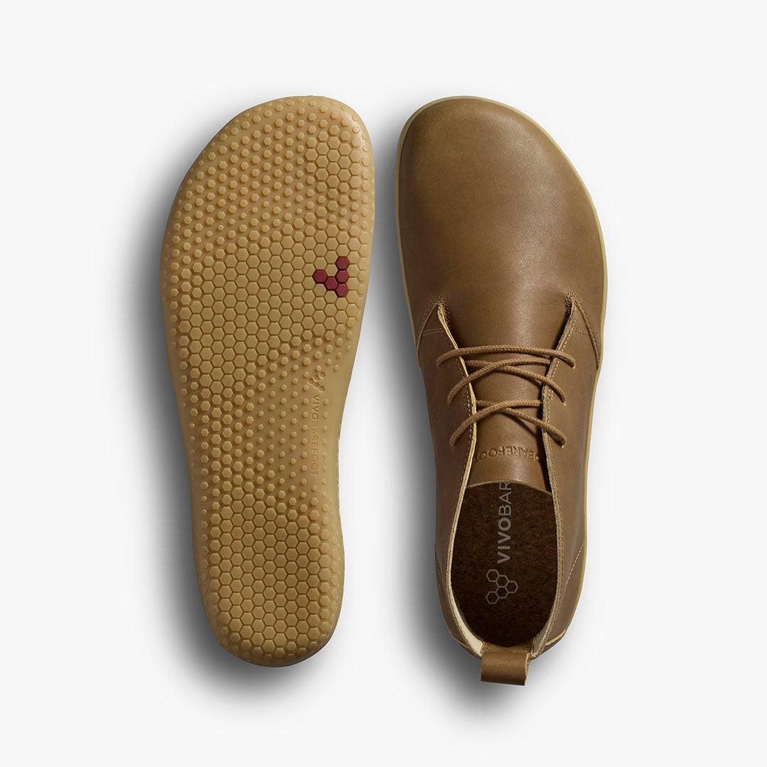 Top and sole view of brown Vivobarefoot leather lace-up shoe with hexagonal tread pattern