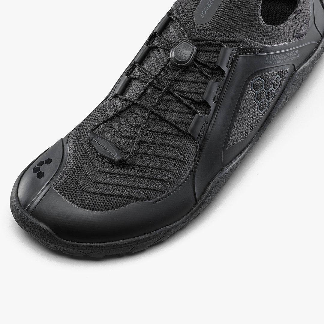 Closeup of black Vivobarefoot sustainable barefoot shoe with mesh upper and eco-friendly design