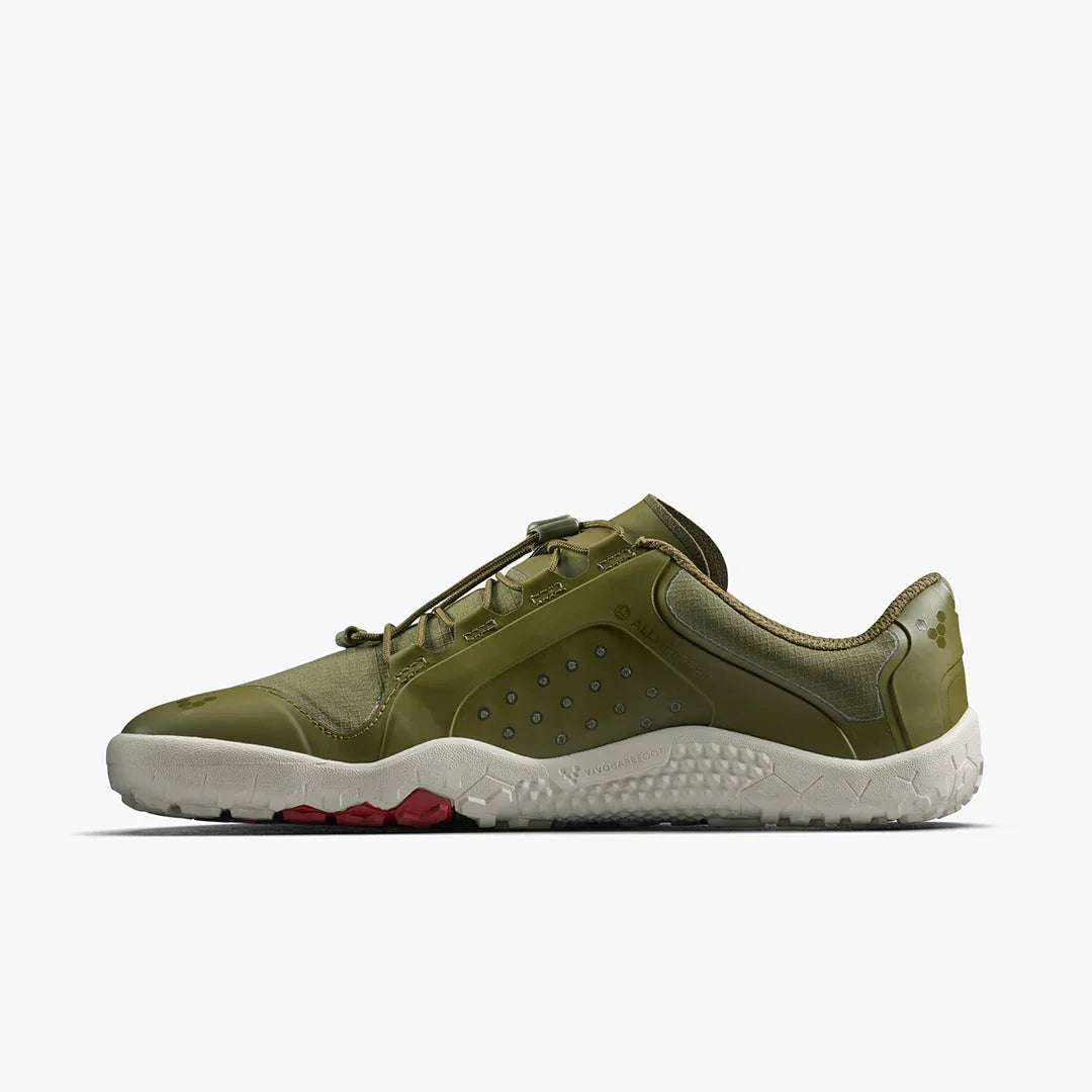 Olive green minimalist barefoot shoe with breathable mesh upper and white textured sole