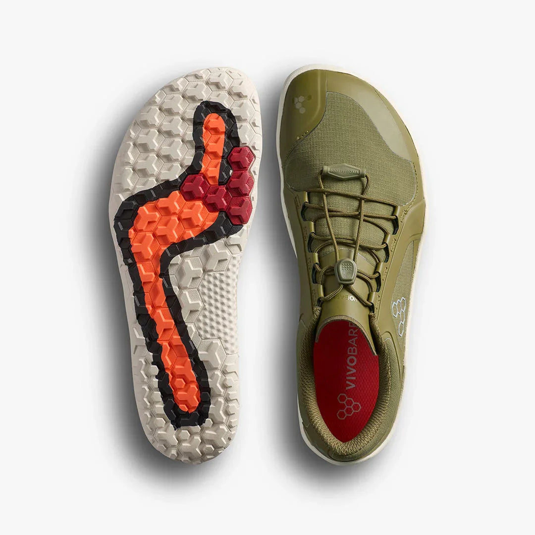 Olive green Vivobarefoot minimalist shoe with red insole and textured sole with orange and black patterns