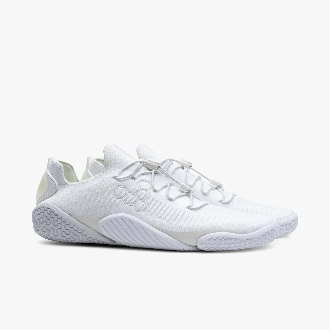 Pair of all-white lightweight athletic shoes with honeycomb pattern and lace toggle on a white background