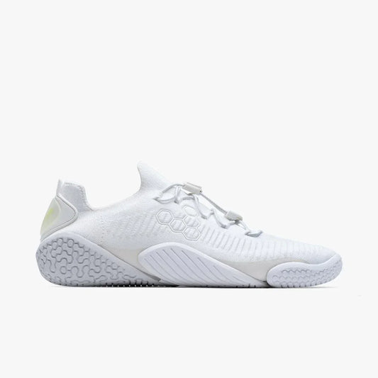 White lightweight athletic sneaker with textured sole and hexagonal pattern on side