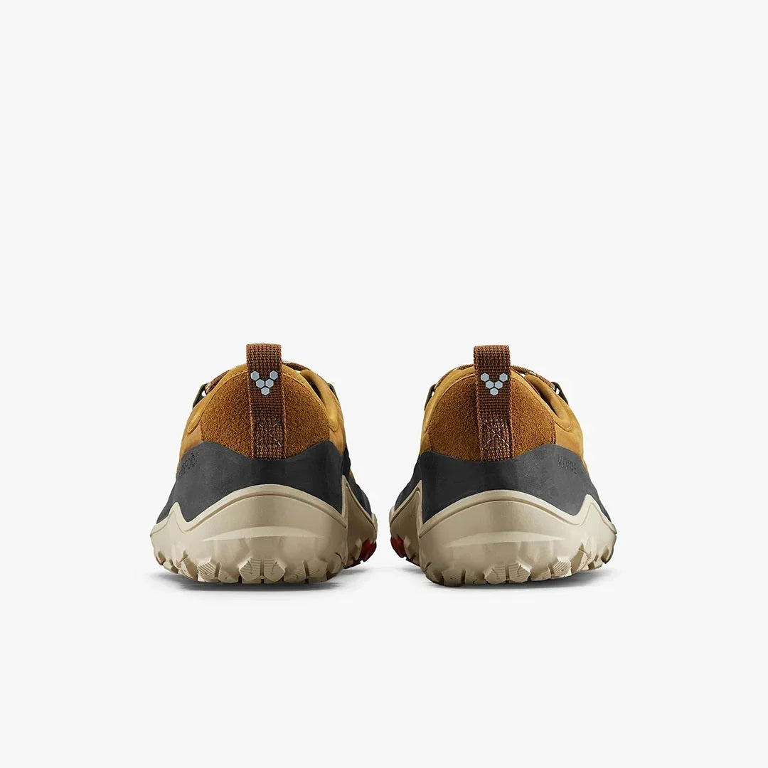 Back view of brown and black hiking shoes with beige soles on white background