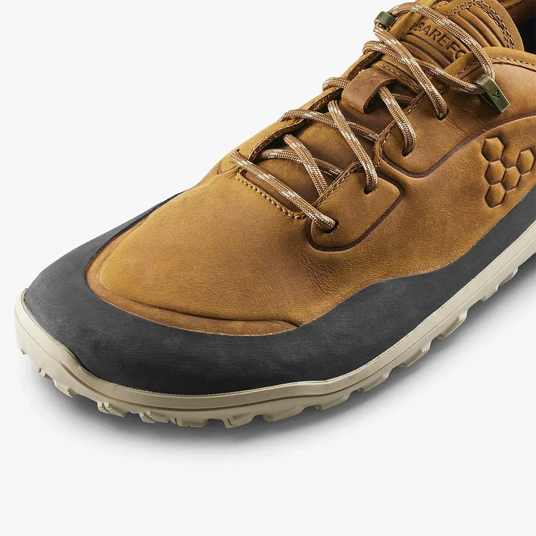 Close-up of brown leather hiking shoe with black rubber toe cap and beige sole