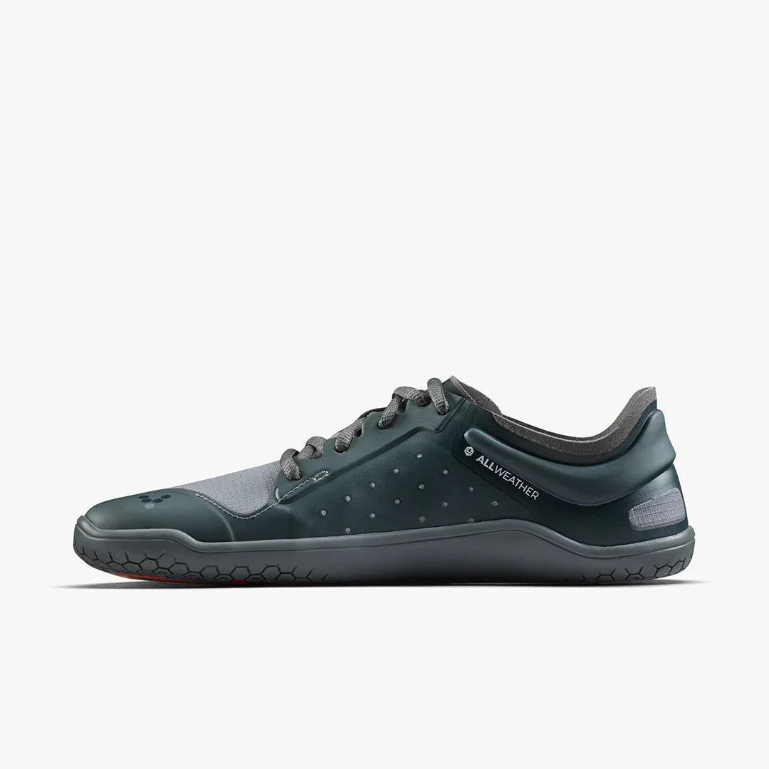 Sleek black and gray all-weather minimalist sneaker with laces and honeycomb sole pattern