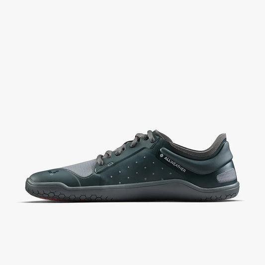 Sleek black and gray all-weather minimalist sneaker with laces and honeycomb sole pattern