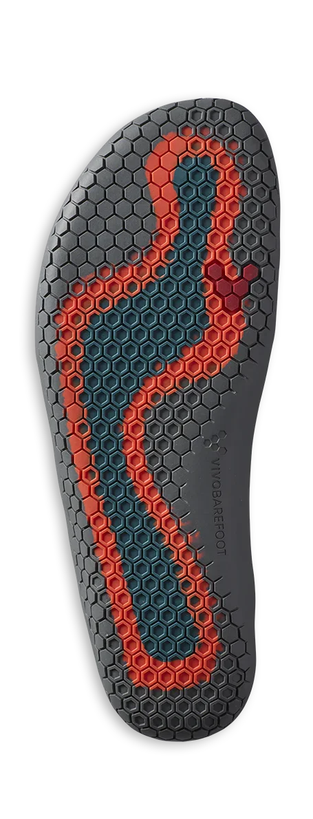 VIVOBAREFOOT shoe outsole with hexagonal tread pattern in gray, red, and blue colors