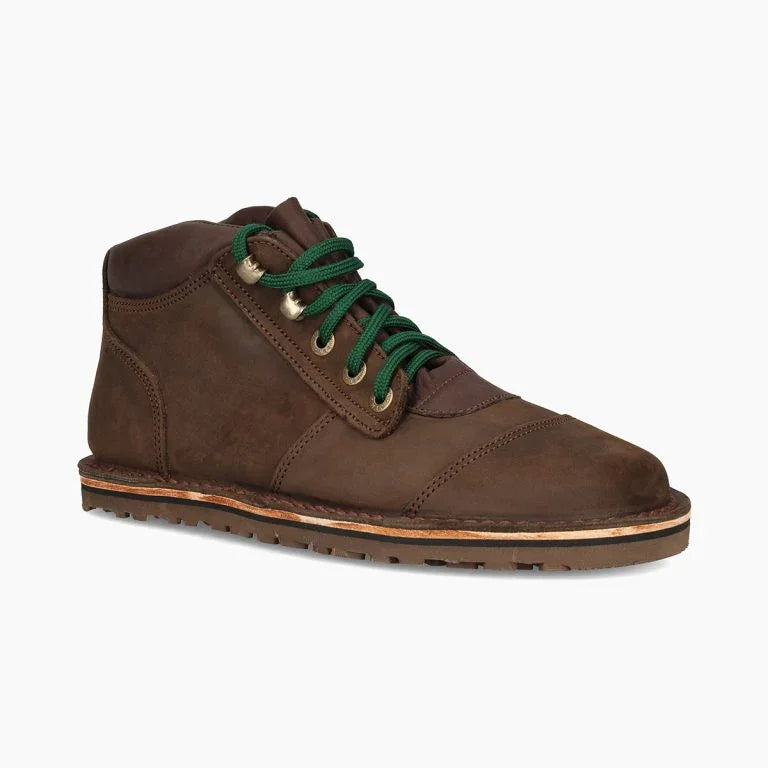 Brown sustainable barefoot boot with green laces, eco-friendly The Grounded Sole footwear