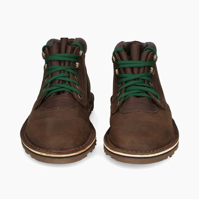 Brown barefoot hiking boots with green laces, eco-friendly natural footwear, front view