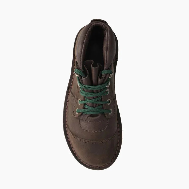 Brown leather barefoot shoe with green laces, eco-friendly footwear by The Grounded Sole