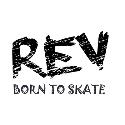 Black 'REV Born to Skate' text on a white background
