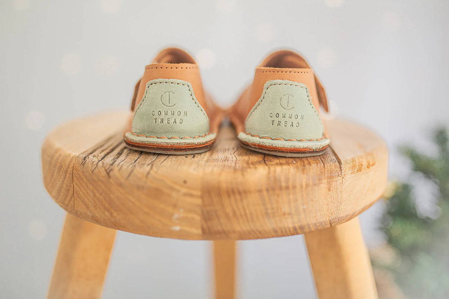 Pair of tan and sage green Common Tread toddler shoes on a round wooden stool