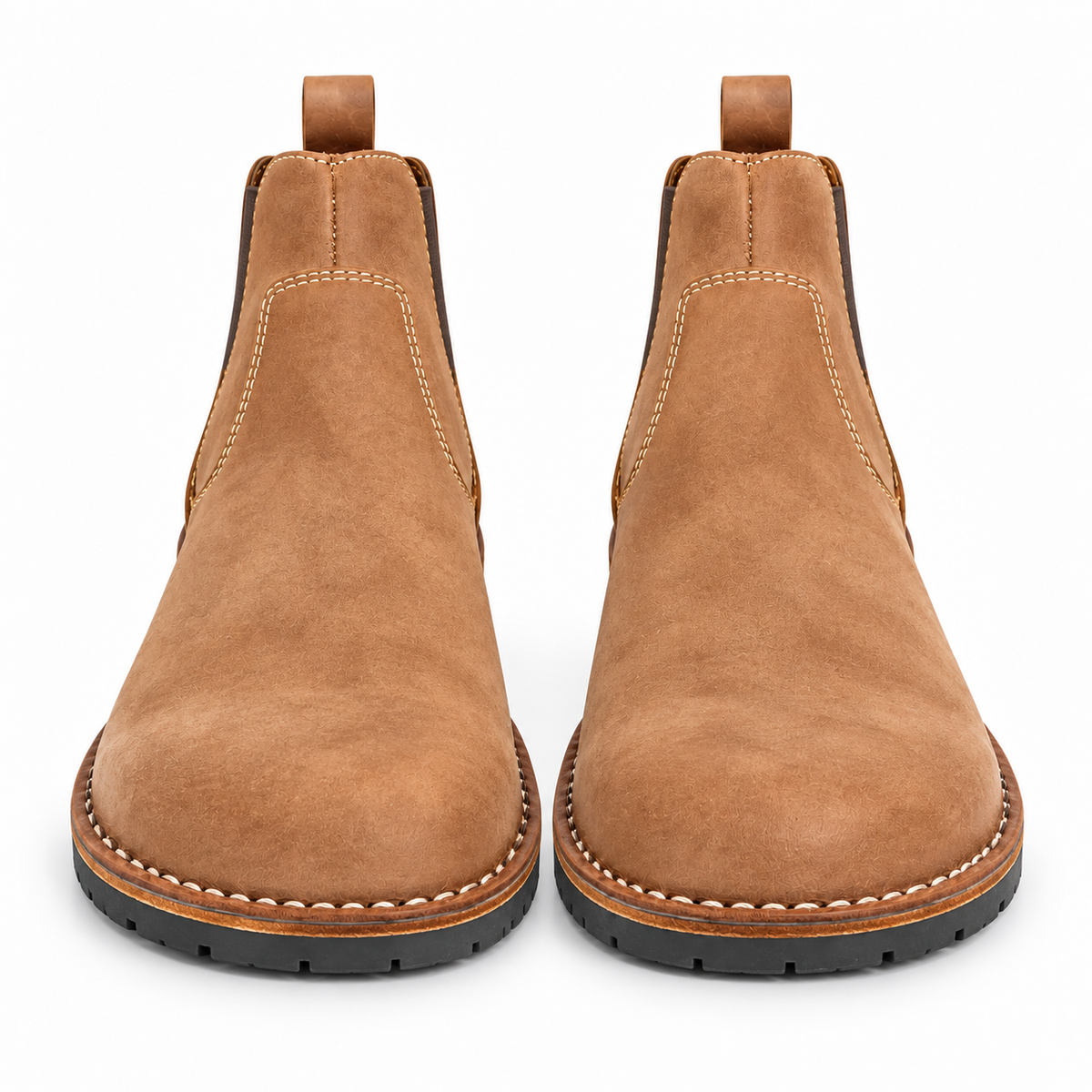 A pair of tan suede Chelsea boots shown from the front on a clean white background.