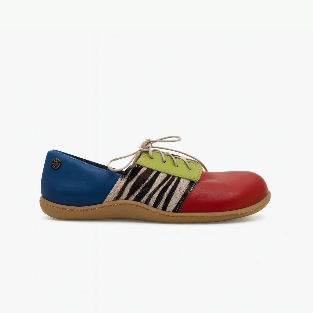 Colorful barefoot shoe with blue, green, red leather and zebra print, sustainable design