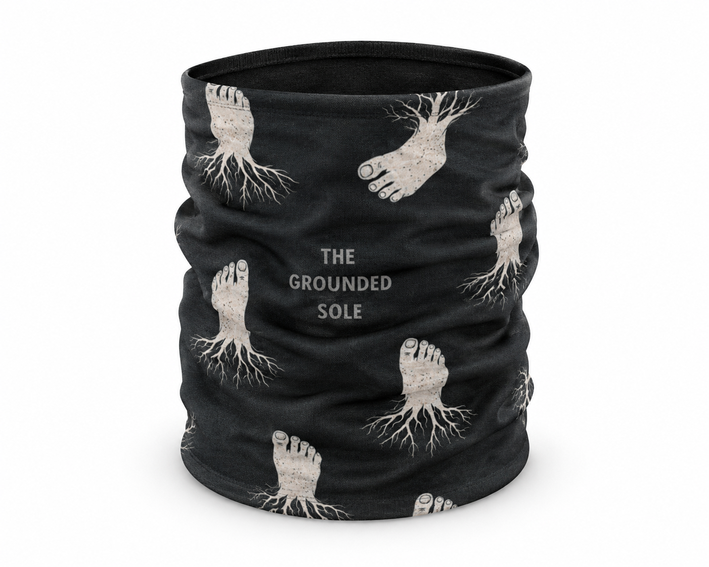 Black neck gaiter with footprints and 'The Grounded Sole' text on a white background