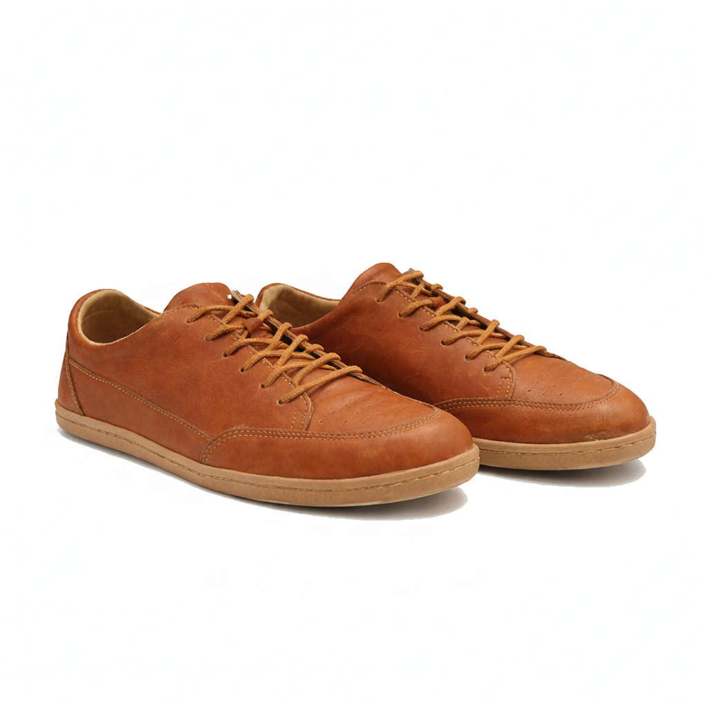 Pair of brown leather sneakers on a white background