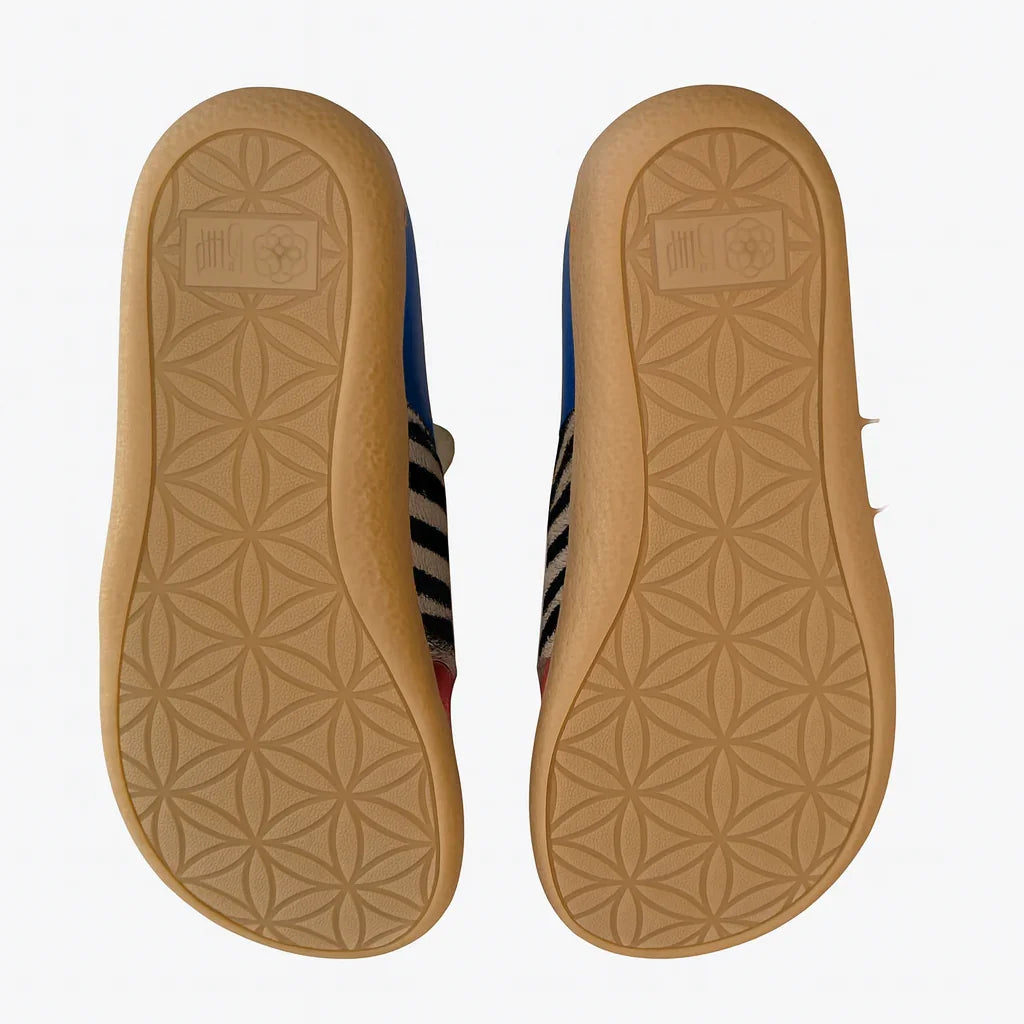 Barefoot shoes with natural rubber soles and geometric tread, eco-conscious design
